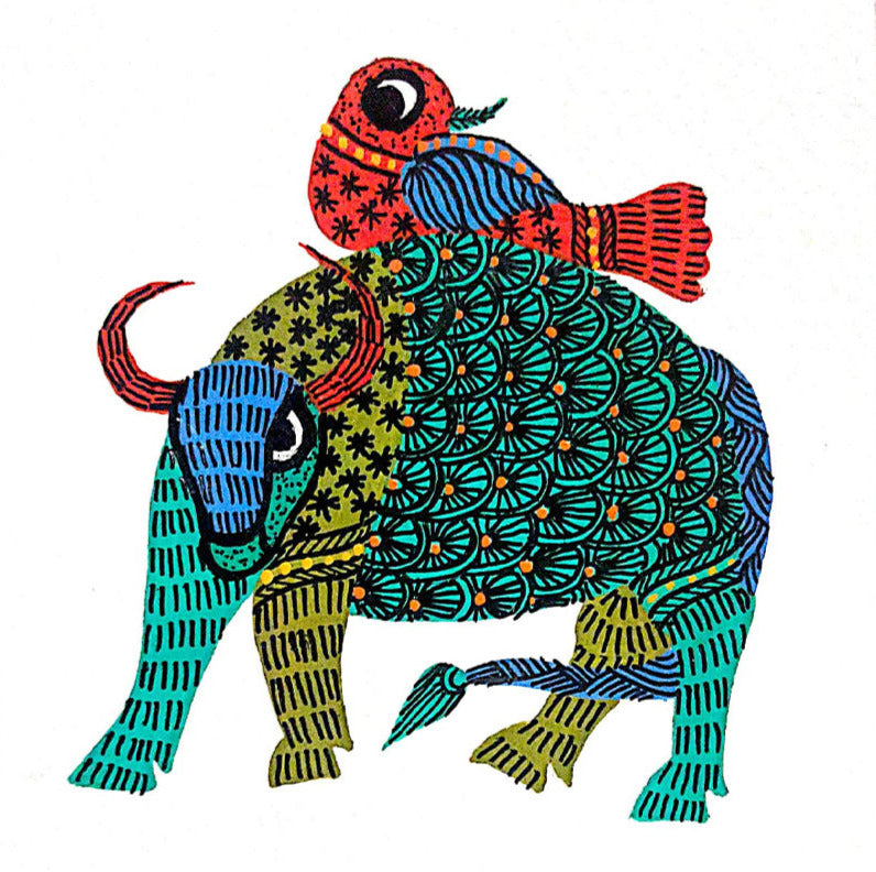 Buy Strength and Freedom The Bull and Bird's Alliance Gond Painting by Kailash Pradhan