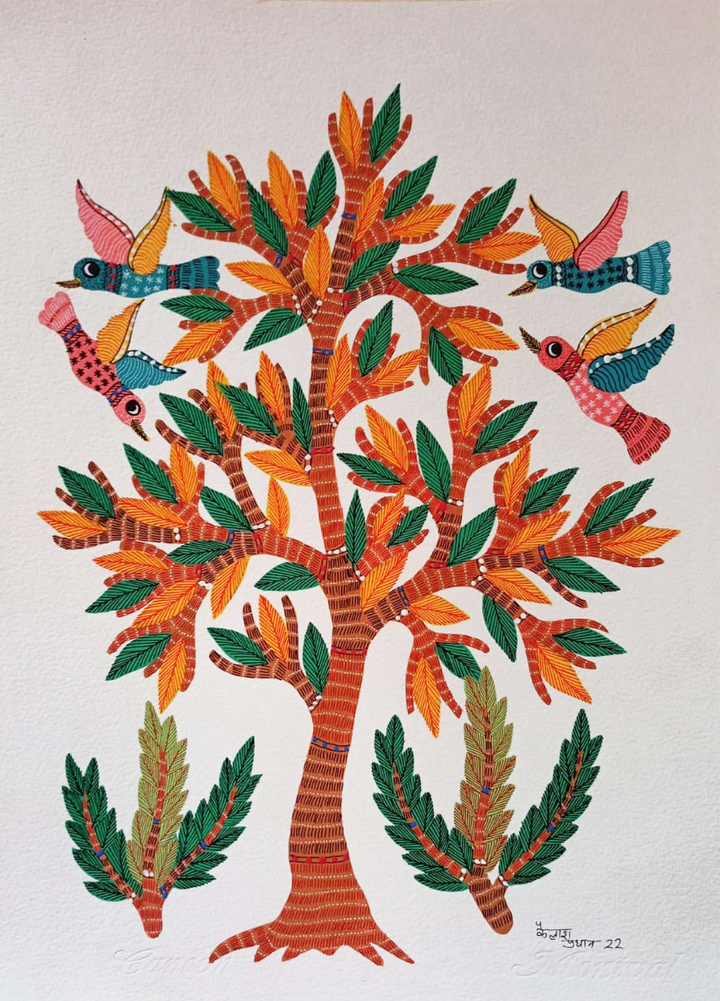 Strokes of Wilderness: Tree with birds in Gond by Kailash Pradhan Thumbnail