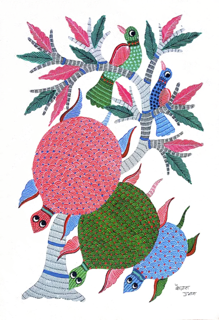 Surreal Symphony: Turtle and bird in Gond Painting by Kailash Pradhan Thumbnail
