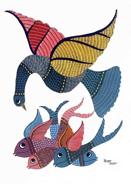 Swan and its Feast: The Cycle of Life Gond artwork by Kailash Pradhan Thumbnail