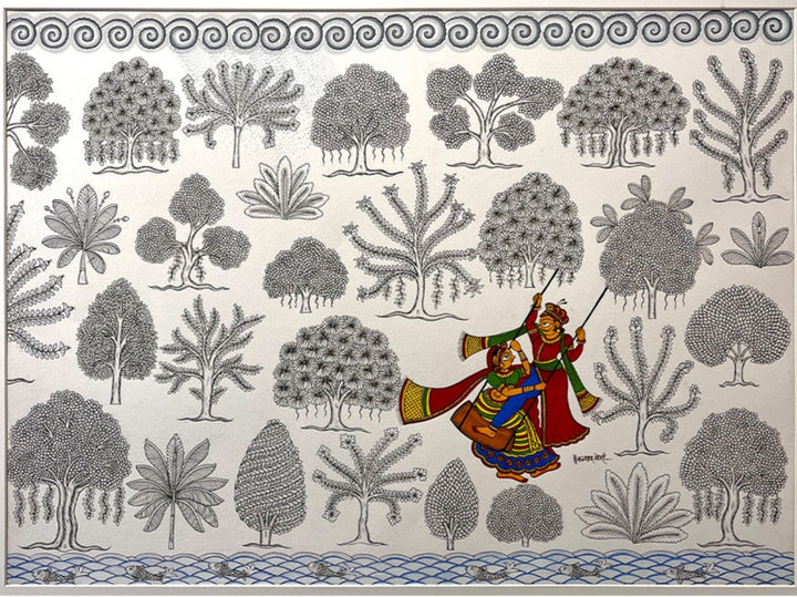 Swinging Bliss: The Dance of Joy and Tenderness, Phad Painting by Kalyan Joshi Thumbnail