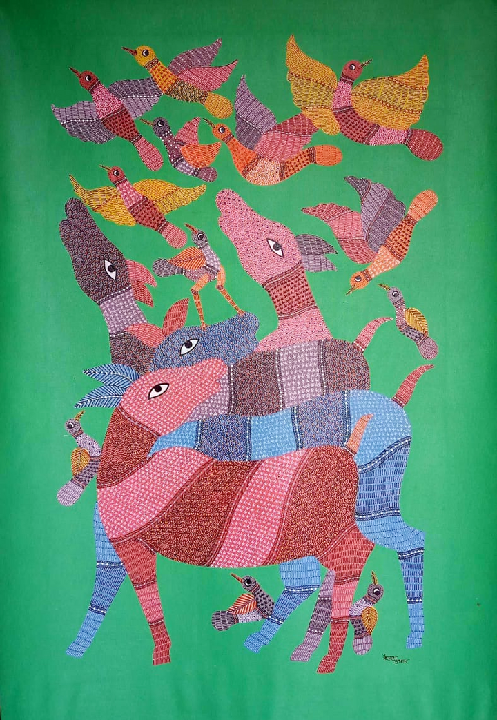 Symphony of Colours: Deer and Birds in Gond by Kailash Pradhan Thumbnail