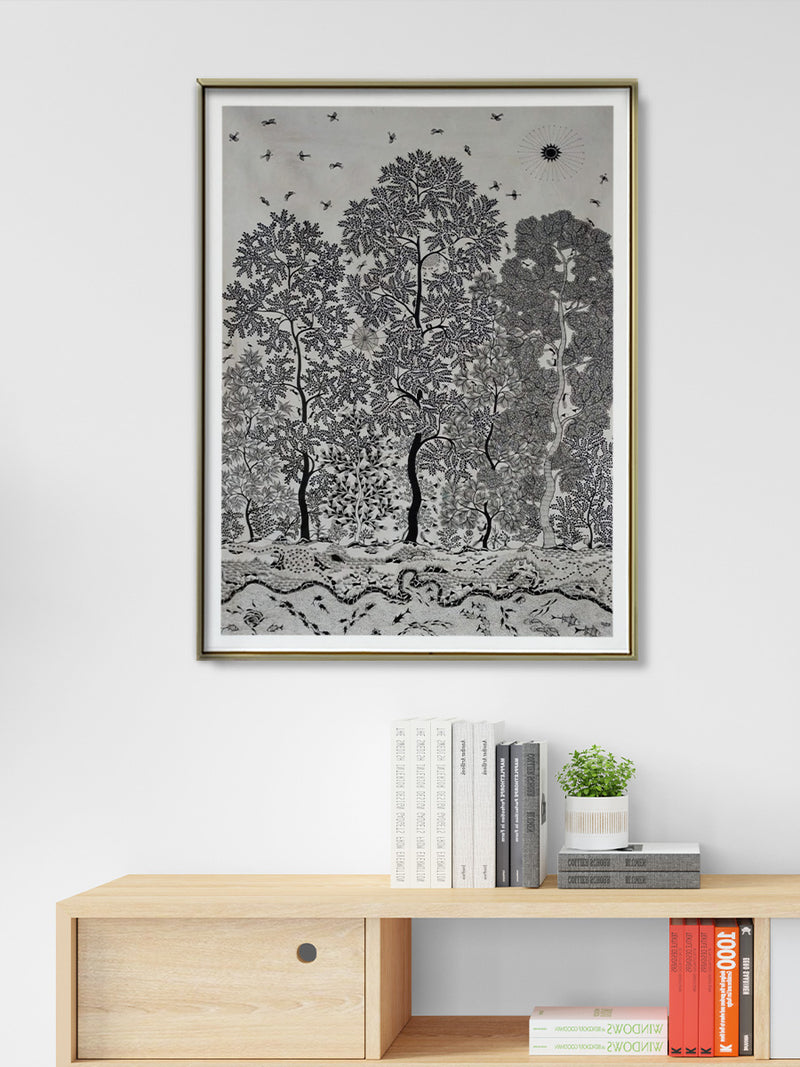 Purchase Symphony of Nature: Monochromic Warli Rhapsody painting 
