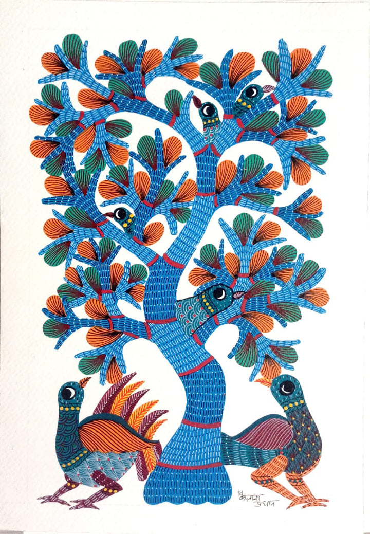 Symphony of Wings: Tree and Birds in Gond Art by Kailash Pradhan Thumbnail