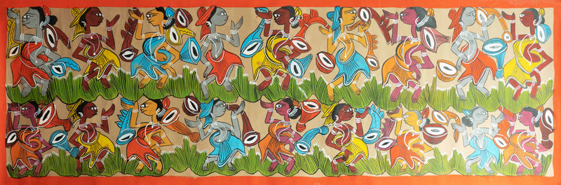 A Cheerful Tribal Gathering: Santhal Tribal Pattachitra by Manoranjan Chitrakar