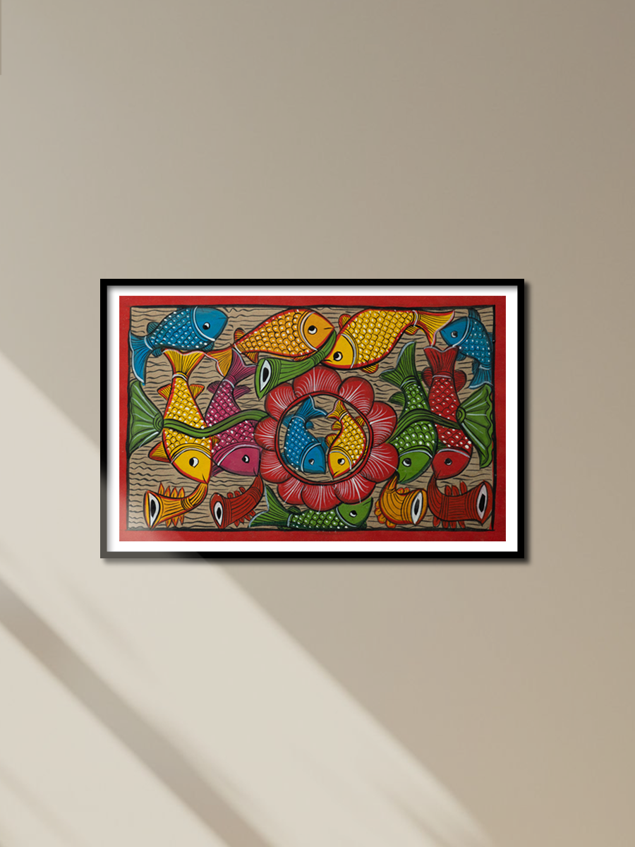 Fishes and flower in Santhal-Tribal Pattachitra for sale