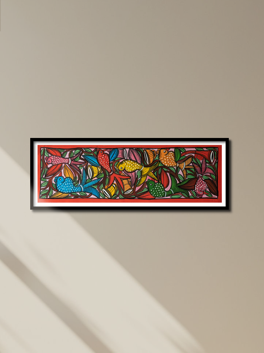 Colorful depiction of birds: Santhal-Tribal Pattachitra for sale