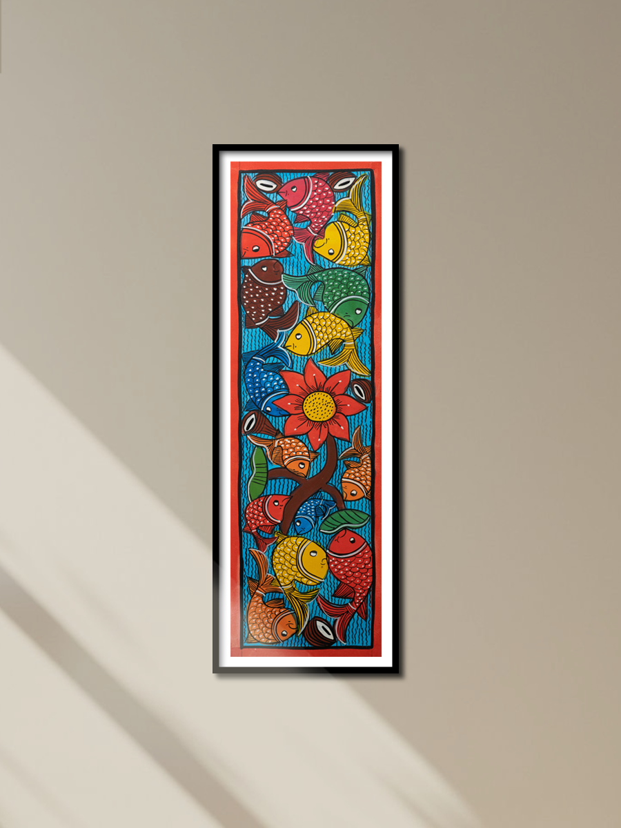 Portrayal of fishes and flower in Santhal-Tribal Pattachitra for sale