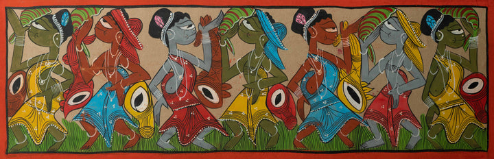 The Dance of Happiness: Santhal-Tribal Pattachitra Painting by Manoranjan Chitrakar Thumbnail