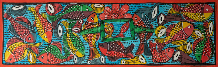 The Aquatic Celebration in Santhal-Tribal Pattachitra Painting by Manoranjan Chitrakar Thumbnail