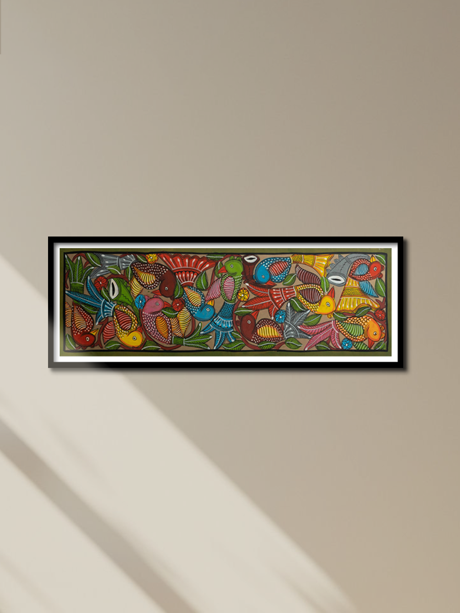 The Twirl of Birds: Santhal-Tribal Pattachitra Painting for sale