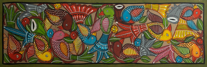 The Twirl of Birds: Santhal-Tribal Pattachitra Painting by Manoranjan Chitrakar Thumbnail