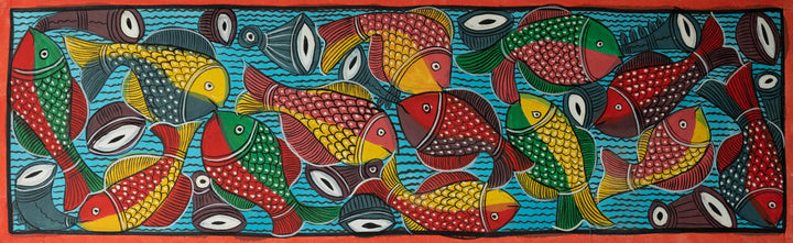 The Musical Swirl of Fishes: Santhal-Tribal Pattachitra Painting by Manoranjan Chitrakar Thumbnail