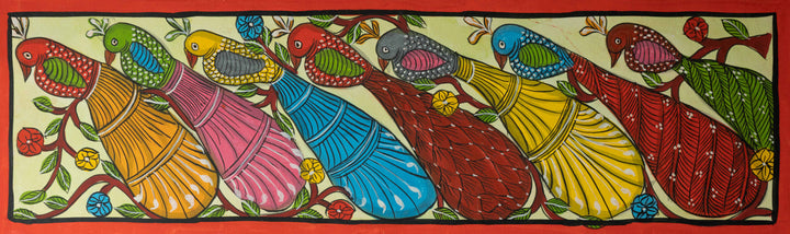 The Peacocks on a Tree in Santhal-Tribal Pattachitra Painting by Manoranjan Chitrakar Thumbnail