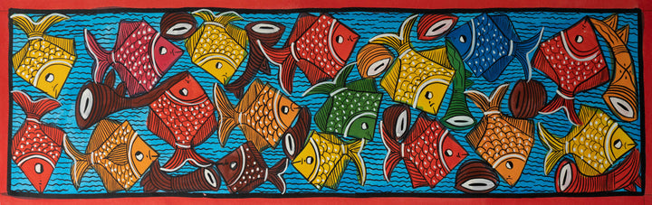 The Fishes in Frolic: Santhal-Tribal Pattachitra Painting by Manoranjan Chitrakar Thumbnail