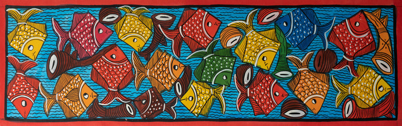 The Fishes in Frolic: Santhal-Tribal Pattachitra Painting by Manoranjan Chitrakar