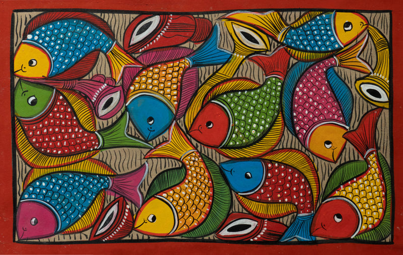 Buy Bright-hued fishes in Santhal-Tribal Pattachitra