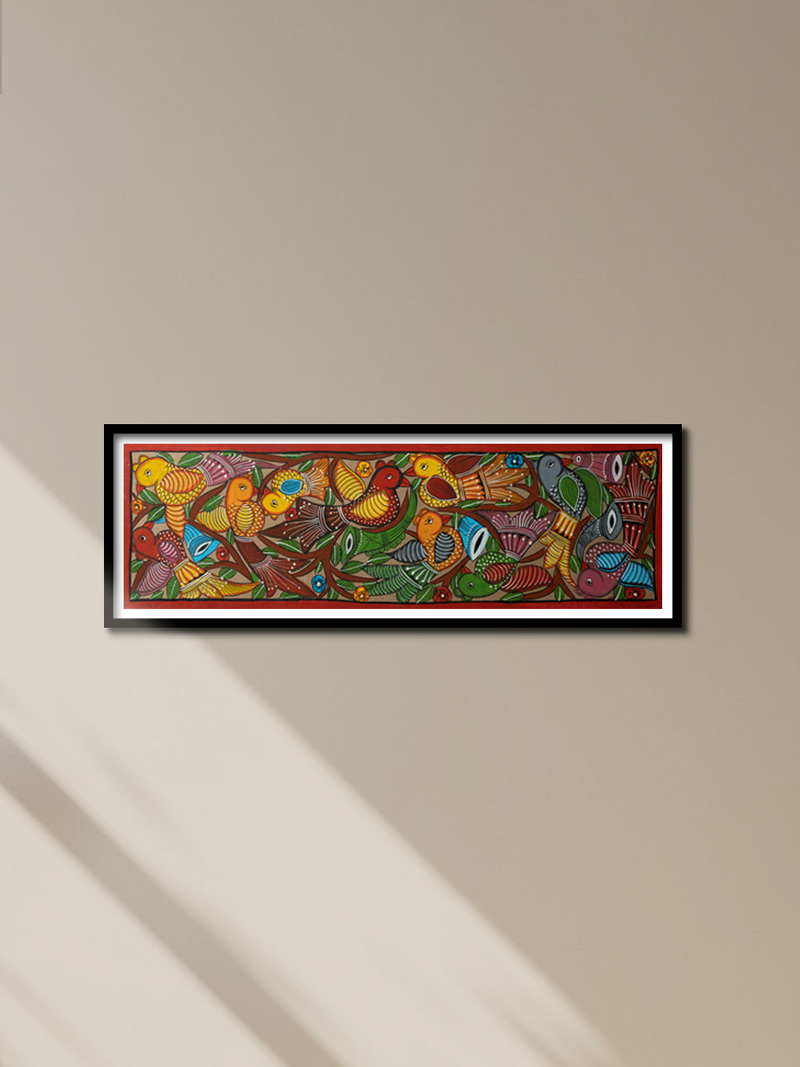 Polychromatic birds in Santhal Tribal Pattachitra  for sale