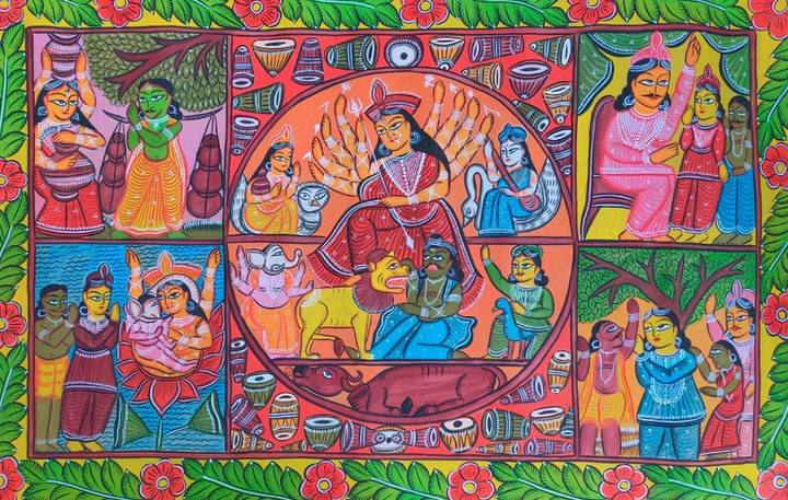 Tales of Goddess Durga:Bengal Pattachitra painting by Manoranjan Chitrakar Thumbnail