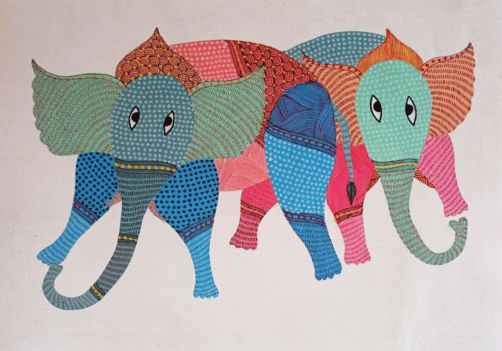 Tales of Tusk and Trunk: Pair of elephants in Gond by Kailash Pradhan Thumbnail