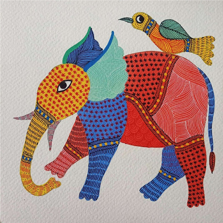 Bird Riding Elephant: A Unqiue Friendship in Gond by Kailash Pradhan Thumbnail