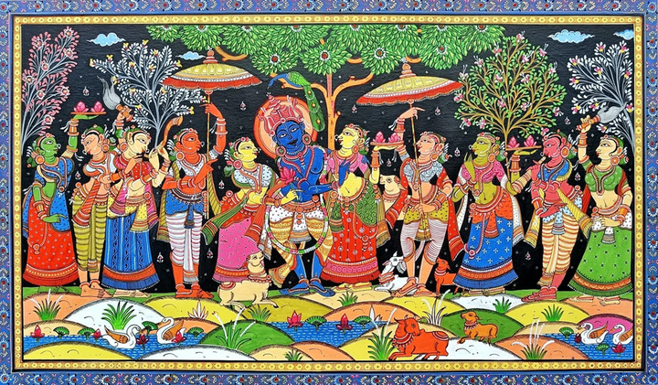 Krishna and Radha Rasleela - Pattachitra Painting by Purusottam Swain for Home Decor Thumbnail