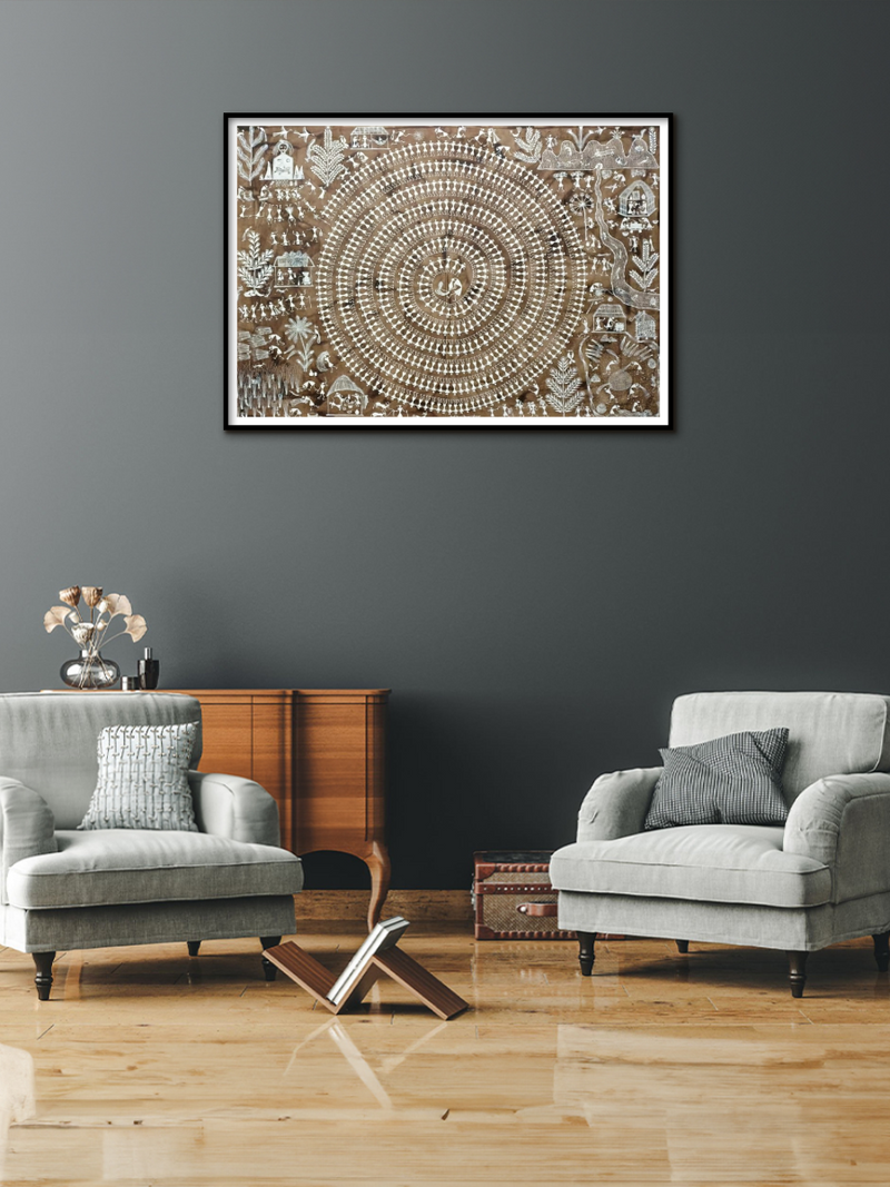 Tarpa Dance and village: Warli Painting by Anil Wangad