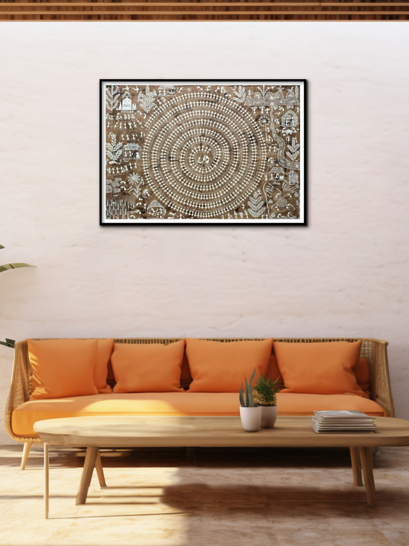 Tarpa Dance and village: Warli Painting by Anil Wangad