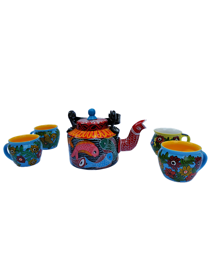 Tea pot and cups in Bengal Pattachitra by Manoranjan Chitrakar Thumbnail