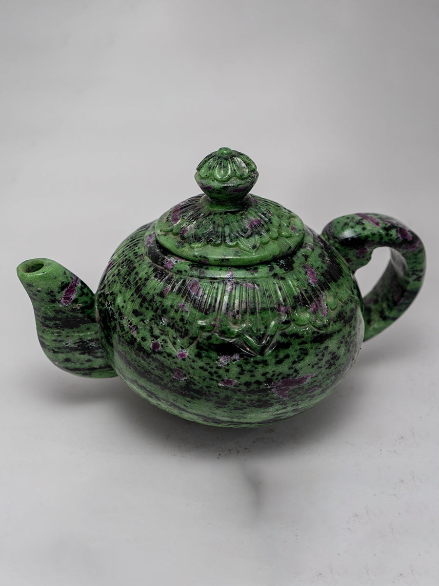 Tea Time Treasures: The Enchanting Ruby Zoisite Tea Kettle Carving