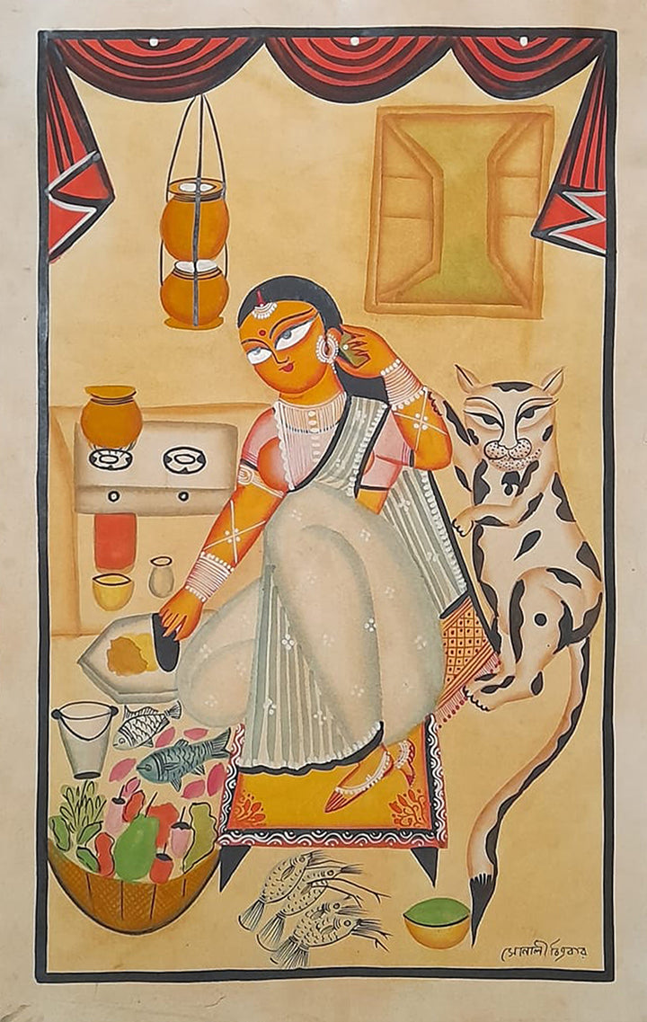 Temptations of the Kitchen: A Kalighat Painting of Culinary Delights by Sonali Chitrakar Thumbnail
