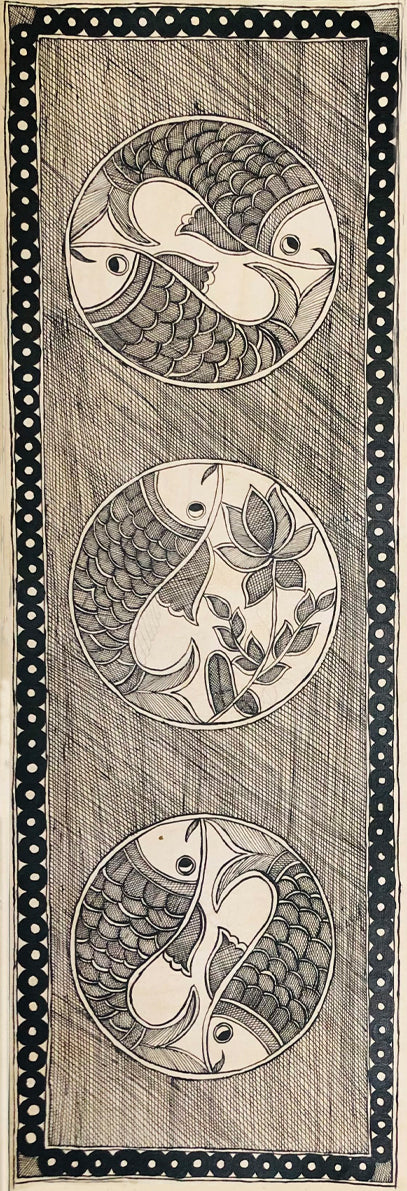 The Aquatic Symphony: Tales Within Three Circles Madhubani Painting by Ambika Devi Thumbnail