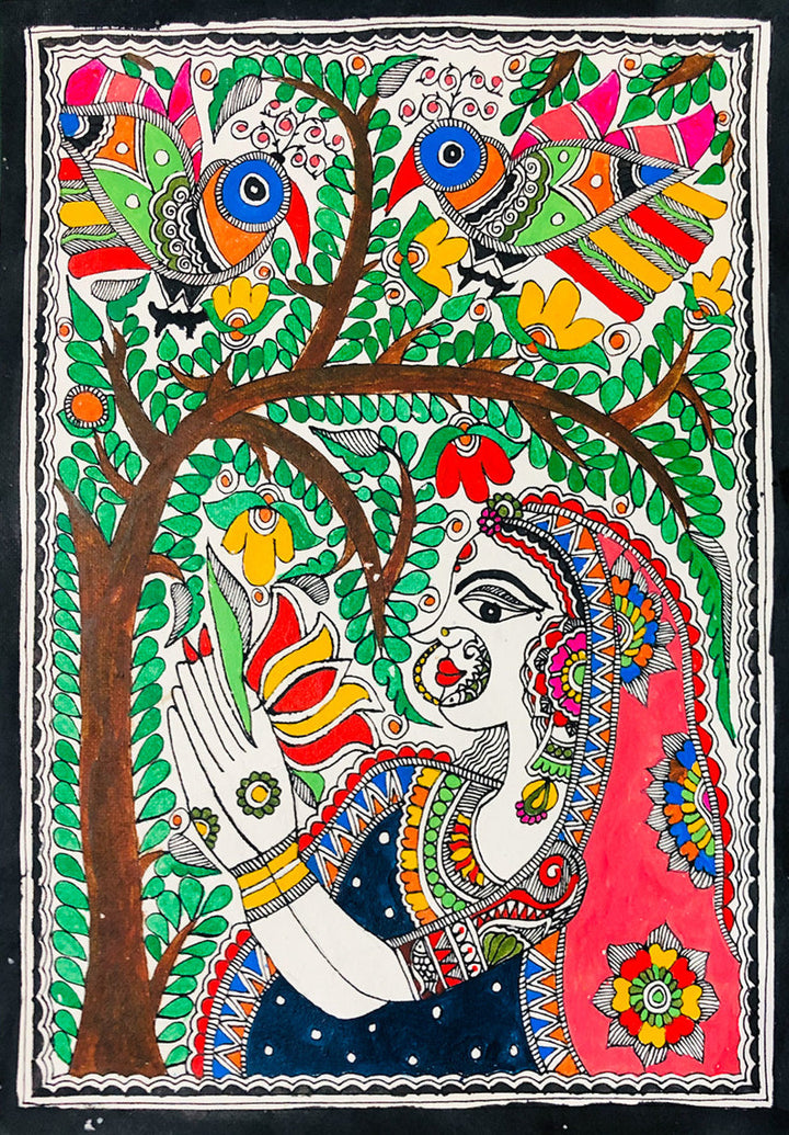 The Avian Blessing: A Bride's Embrace, Madhubani Painting by Ambika Devi Thumbnail