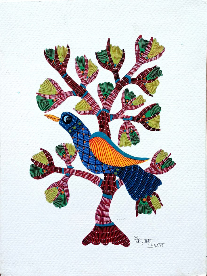 The Bird and Tree: A Nature's Calling in Gond art by Kailash Pradhan Thumbnail