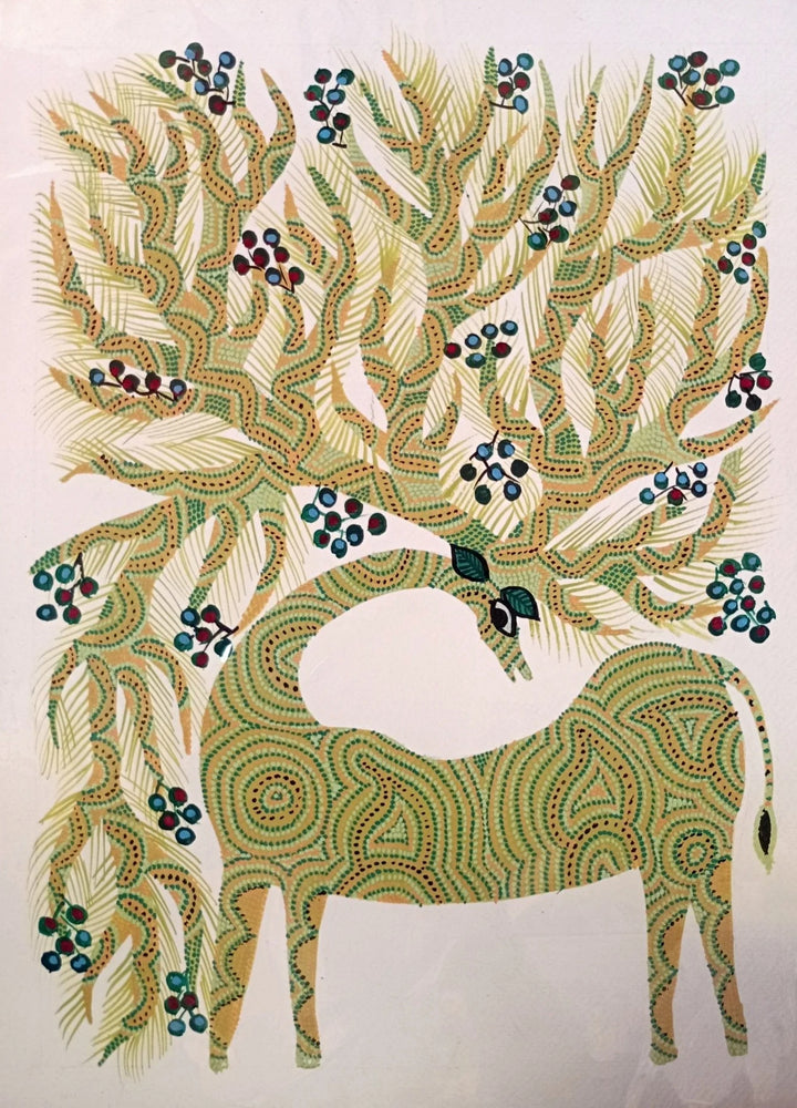The Deer in Earthy Greens Bhil Painting by Geeta Bariya Thumbnail