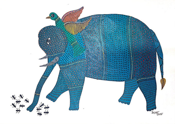 The Gentle Giant's Companions: An Elephant, Bird, Ants Gond Painting by Kailash Pradhan Thumbnail