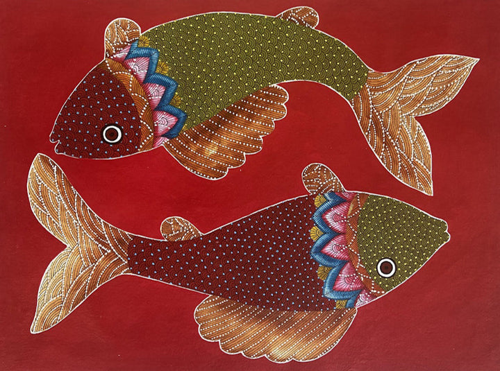 Twirling in Water: Fishes Afloat in Gond Painting by Venkat Shyam Thumbnail