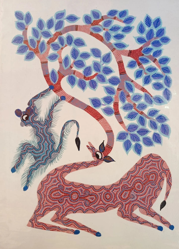 The Lion and a Deer in Bhil Painting by Geeta Bariya Thumbnail