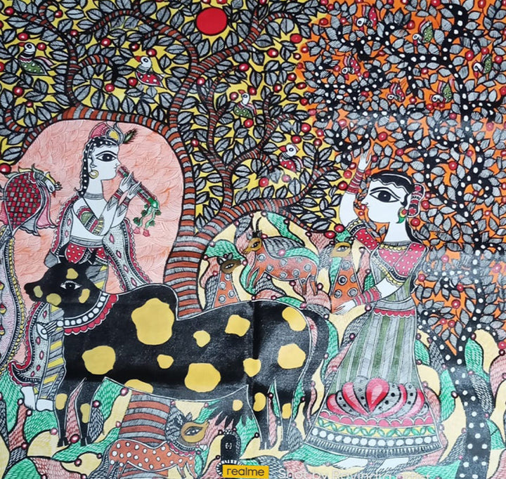 The Love Symphony: Radha-Krishna's Melody in Vrindavan, Madhubani Painting by Vibhuti Nath Thumbnail