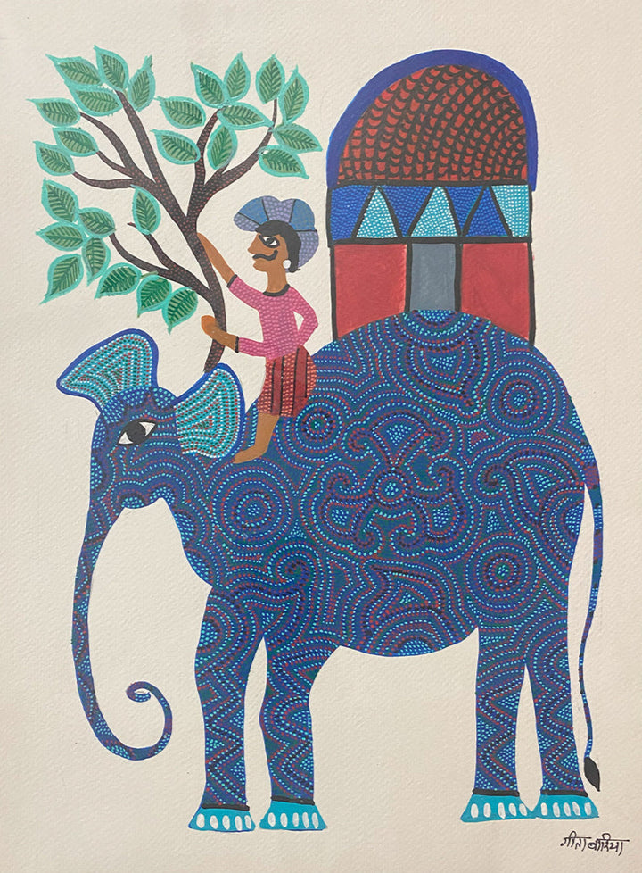 The Man and an Elephant, Bhil Art by Geeta Bariya Thumbnail