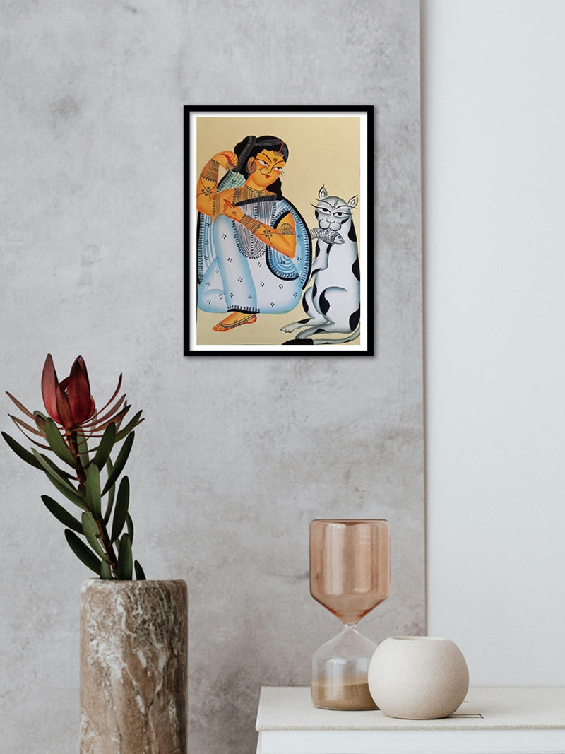The Married Woman and Her Feline Companion in Kalighat by Uttam Chitrakar