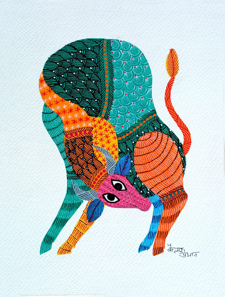 Colours and Patterns: The Ox in Gond Art Painting by Kailash Pradhan Thumbnail