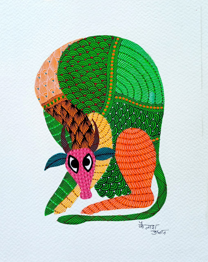 The Ox: Gond Art Painting by Kailash Pradhan Thumbnail