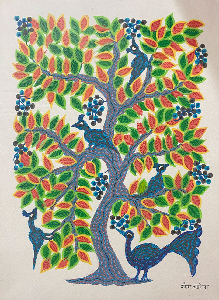 The Relation Between Birds & The Tree, Bhil Art by Geeta Bariya Thumbnail