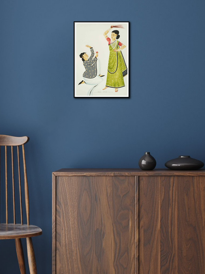 The Rose and the Broom: Babu Biwi Kalighat Painting by Bhaskar Chitrakar for sale