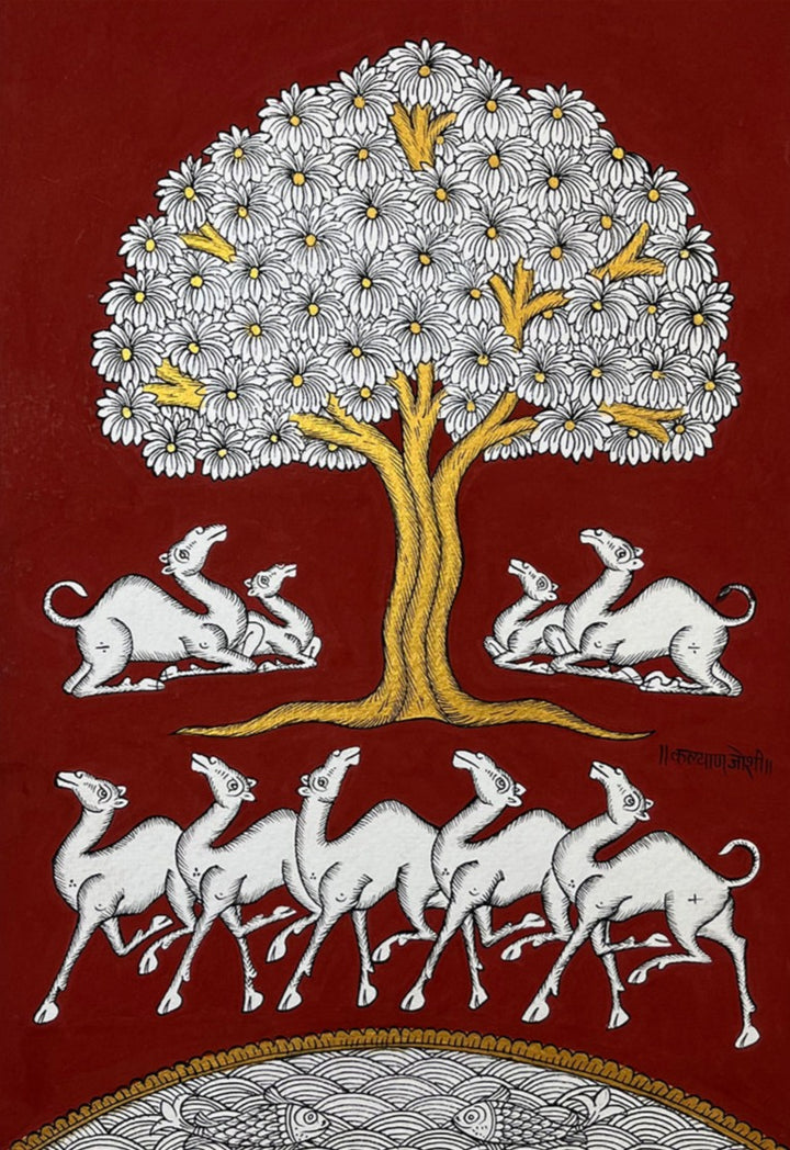 The Sacred Oasis: Blossoming Tree and Desert Caravan by Kalyan Joshi Thumbnail
