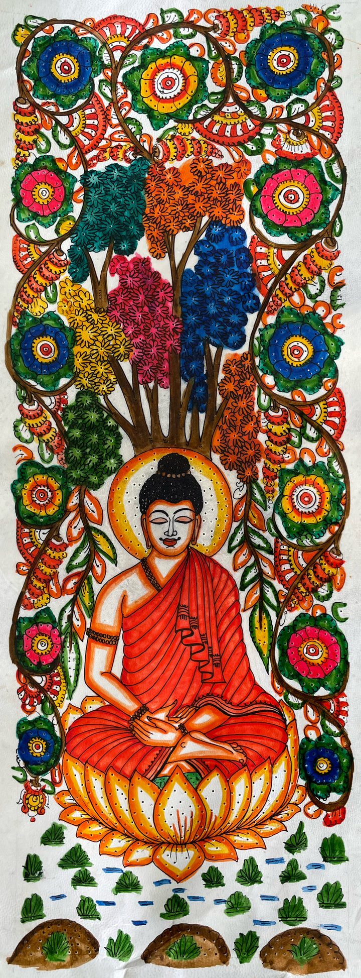 The Serene Multi-Color Spiritual Buddha Meditating under Bodhi Tree Tholu Bommalata Painting by Kanday Anjanappa Thumbnail