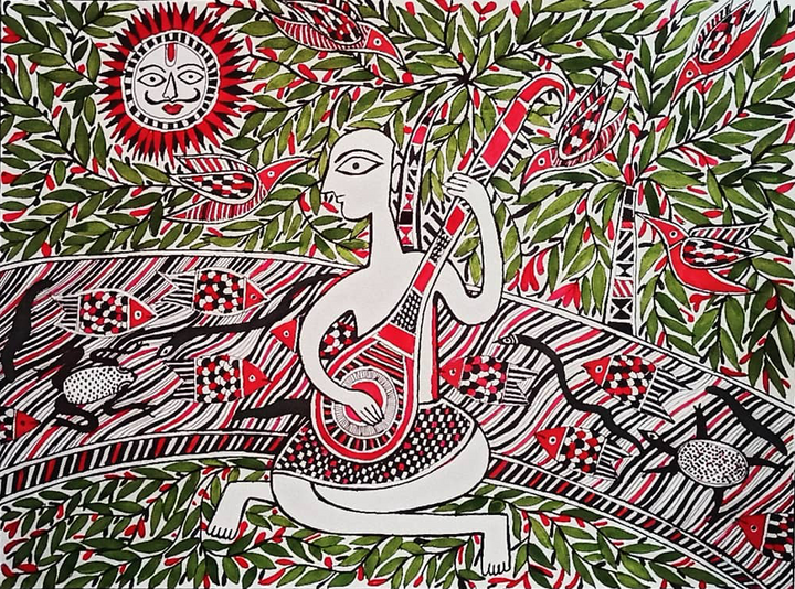 The Sitar Player in Mahdhubani by Izhar Ansari Thumbnail