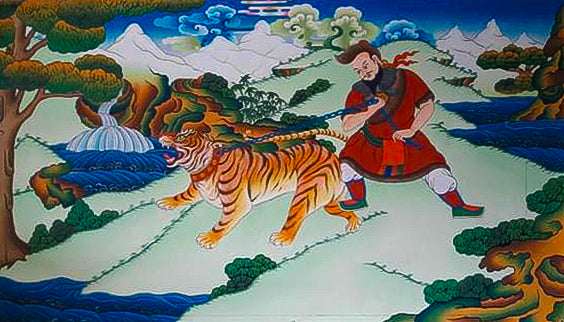 The Tiger and the Mongolian man in Thangka painting by Gyaltsen Zimba Thumbnail