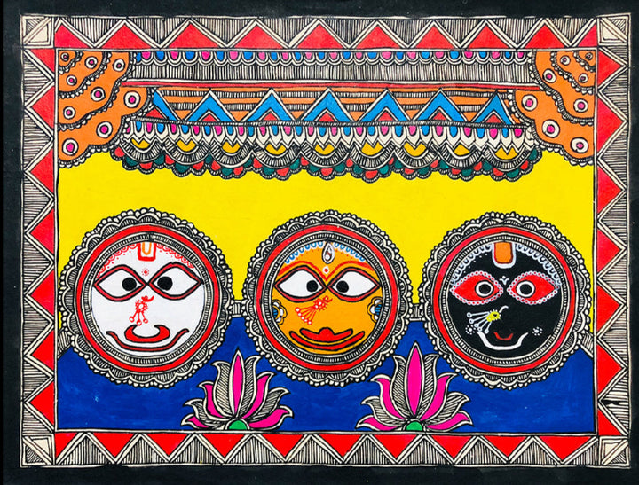 The Triad of Jagannath Puri, Madhubani Painting by Ambika Devi Thumbnail
